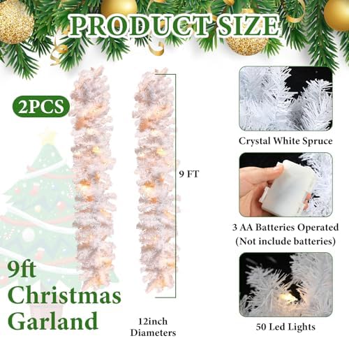 Hotop 9 ft Faux Spruce Artificial Christmas Garland, 2 Pcs, White - Image 2