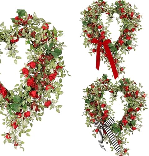 Spring Heart Wreath - 22IN, Green Wreath with Red Berry Velvet Bow, Romantic Spring Door Decor for Mother's Day, Weddings, Wall, and Farmhouse Home Décor by Unknown