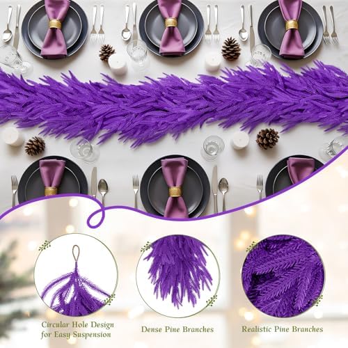 N&T NIETING Christmas Garland Norfolk Pine Garland Real Touch Artificial Christmas Purple Xmas Garland for Mantle, Table Holiday Fireplace Staircase Indoor Outdoor Christmas Decorations (9 FT) - Image 3