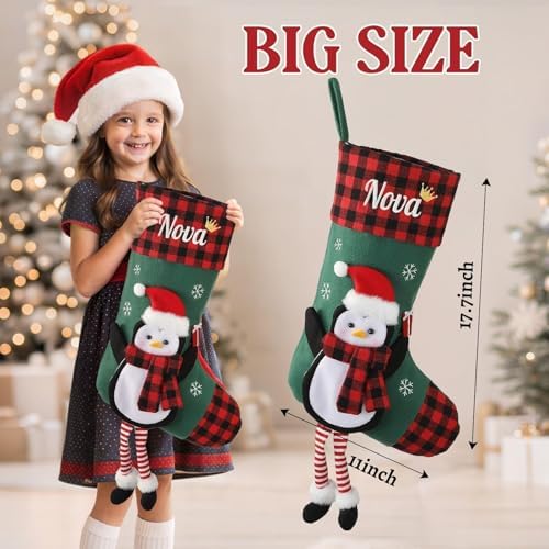 Personalized Christmas Stockings with Embroidered Name & Monogram,Custom 3D Xmas Character Stocking 5 Pack 18” Large,Santa,Snowman & Reindeer Fireplace Hanging Red Burlap Plaid Stockings(E) - Image 3