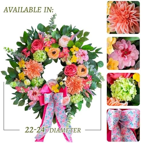 Spring Wreaths for Front Door 24 Inch Outdoor Spring Wreath with Pink Bow– Handmade Peach Dahlia & Garden Rose Summer Wreaths for Front Door,Farmhouse Home,Porch,Wall,Window Decor - Image 5