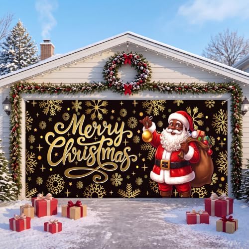 7 x 16 ft Black Santa Christmas Garage Door Cover Santa Claus Hanging Decor by Unknown