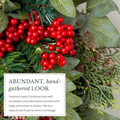 Balsam Hill Winter Meadow Christmas Wreath - 28" Bounty of Winter Greenery Front Door Wreath with Hand-Gathered Foliage & Battery-Operated LED Clear Lights - Image 4