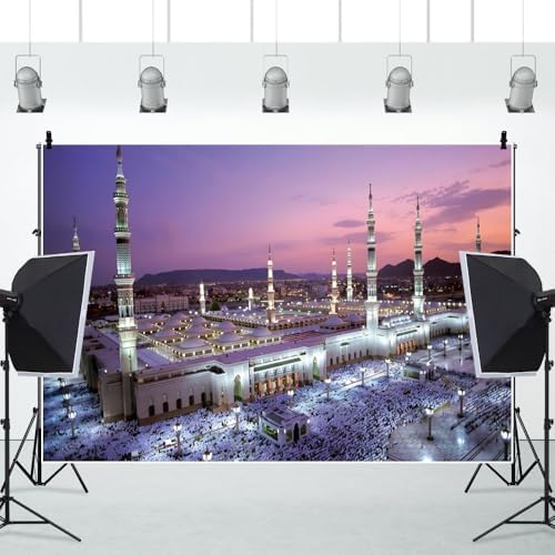 Leowefowa Mecca Mosque Backdrop 10x5ft Eid Mubarak Mosque Night View Photography Background Muslims Travel Historical Building Decorations Portraits Banner Photo Booth Props Vinyl - Image 4