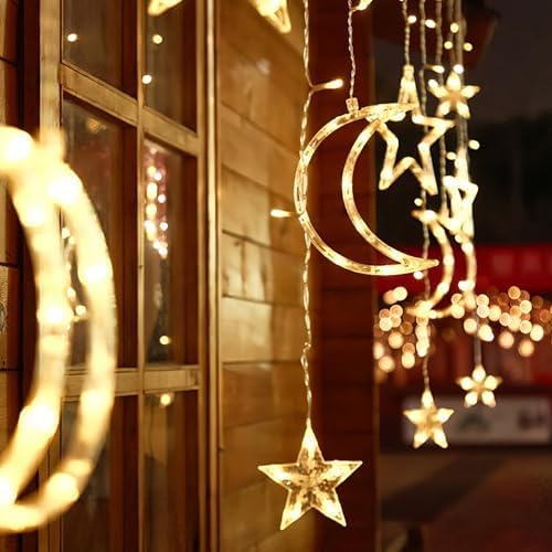 Moon and Stars Decor Curtain Lights, 11.5ft String Lights for Bedroom, Christmas, Ramadan Decor, Indoor LED Fairy Twinkle Light, Battery Operated or USB Plug-in (Warm Yellow + Remote) - Image 5