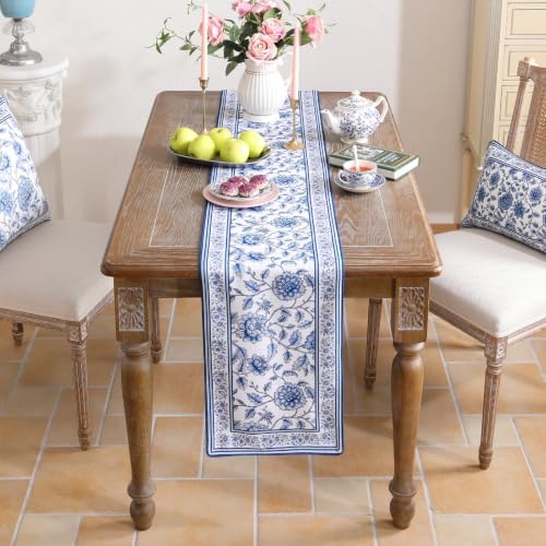 ISAENNE Designer French Linen Table Runner,87"x12"-BlueWilow - Image 3