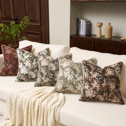FANAMI Vintage Floral Throw Pillow Covers 20x20 Set of 2 Boho Farmhouse Accent Pillowcase Neutral Modern Chenille Square Decorative Cushion Covers for Couch Sofa Bed Living Room Home Decor, Beige - Image 5