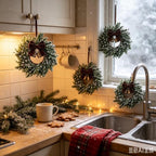 6 Pcs Small Christmas Hanging Wreaths Artificial Snow Flocked Cedar Wreaths with Brown Velvet Ribbon & Bronze Bells Mini Christmas Wreaths for Cabinet Porch Front Door Winter Xmas Holiday Decorations - Image 5