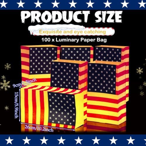 Sabary 100 Pcs Patriotic Luminary Bags USA Flag Flame Resistant Candle Reusable Paper Lantern for Independence Day 250 Anniversary Memorial Day Decorations Diwali Veterans Party - Image 2
