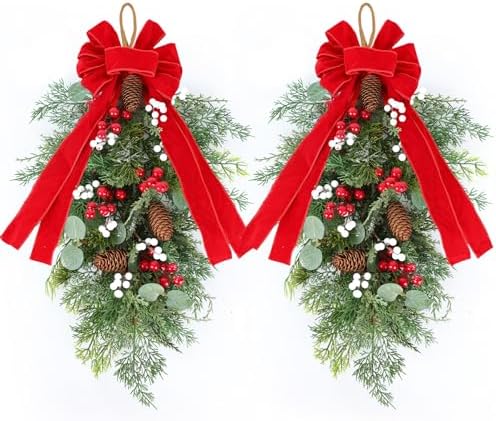 2 PCS 24" Artificial Christmas Teardrop Swag Pine Needles Teardrop Door Swag Christmas Norfolk Teardrop Wreath with Pinecone Berry for Front Door Xmas Mantle Wall Fireplace Indoor Outdoor Home Decor by Unknown