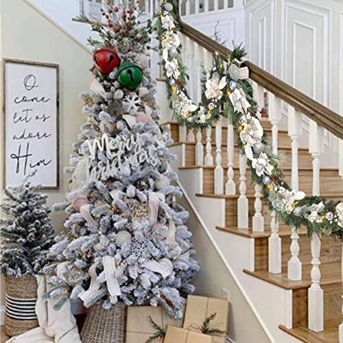 Vofuly Pre-lit 6 feet Winter White Silver Christmas Garland Decor 20 LED Lights,Garland with Balls and Ribbon Bow,Xmas Decoration on Mantle Fireplace Front Door Indoor Outdoor,Battery Operated - Image 2