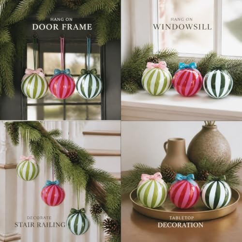 Thenshop 6 Pcs Color Stripes Glass Christmas Tree Ornament with Velvet Bow - Image 5