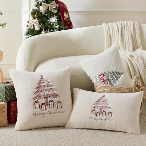 Christmas Throw Pillow Covers 24x24 Set of 2, Embroidered Red Tree - Image 4
