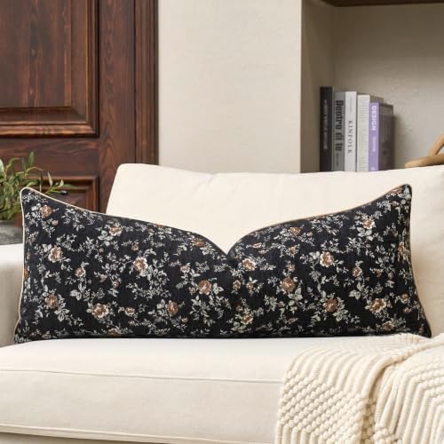 Spring Flower Lumbar Throw Pillow Cover 14x36 Inches Black Vintage Floral Pillow Cover Farmhouse Summer Cushion Cover Leaf Retro Pillowcase Home Decor for Sofa Living Room Couch by Gluviroz