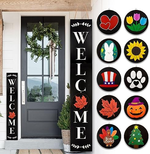 Monjita Welcome Sign for Front Porch Standing, Interchangeable Wooden Sign with 5 Designed Double-Sided Icons for Front Door, All Seasonal Farmhouse Rustic Modern Porch Decor for Fall Harvest by Monjita