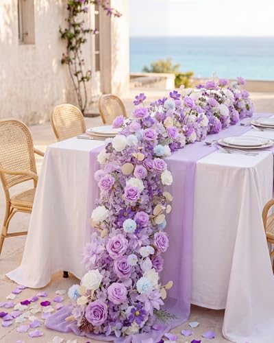 72inch Aisle Flower Garland with Chiffon Sheer Drape, Artificial Flowers Purple & White Rose with Hydrangea, Floral Runner for Wedding Arch, Backdrop, Reception Table Decor, Ceremony Pathway - Image 2
