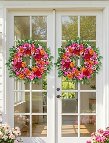 BLOSMON Summer Wreaths for Front Door, 26 Inch, Pink Orange, with Hanger - Image 4