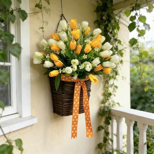 White Tulip Door Hanger Basket Wreath for Front Door,Artificial Tulip Flower Wreaths Hanging Decor with Woven Basket,Spring Summer Baskets Wreath for Wall Window Holiday by Unknown