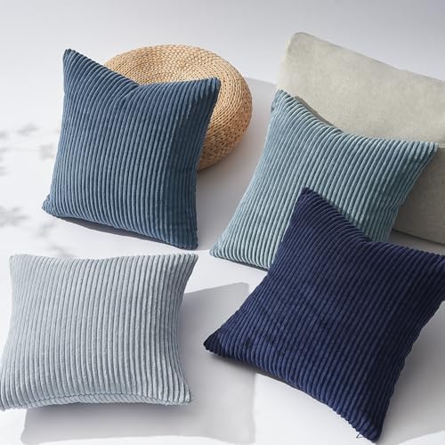 Topfinel Decorative Throw Pillow Covers Aque Teal Blue Gray Series,Summer Corduroy Striped Toss Pillows for Couch,Patio,Balcony,Children Bedroom,Modern Fluffy Blue Gradient Shams 26x26 Inch Set of 4 - Image 3