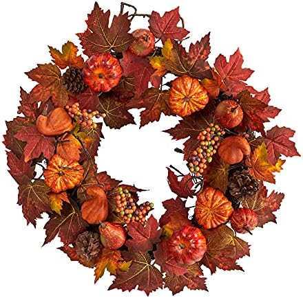 Nearly Natural 24in. Autumn Maple Leaves, Pumpkin, Pinecone and Berries Artificial Fall Wreath by NearlyNatural