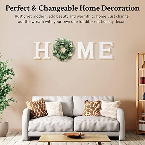 MAYICIVO Modern Wooden Home Sign with Artificial Eucalyptus Wreath, White and Beige, 13.81 inches Diameter, Wall Mount, MDF Wood, Plastic - Image 2