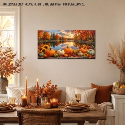 WAXWHELK Fall Canvas Wall Art Pumpkin Autumn Lake Landscape Painting Pictures, Rustic Farmhouse Thanksgiving Artwork for Bedroom Living Room Home Decor, (24"x47") - Image 2