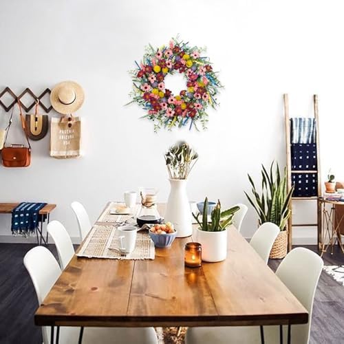 22 Inches Artificial Floral Wreath for Front Door Colorful Daisy and Green Leaves Wreath for Spring/Summer Indoor Outdoor Farmhouse Decor - Image 5