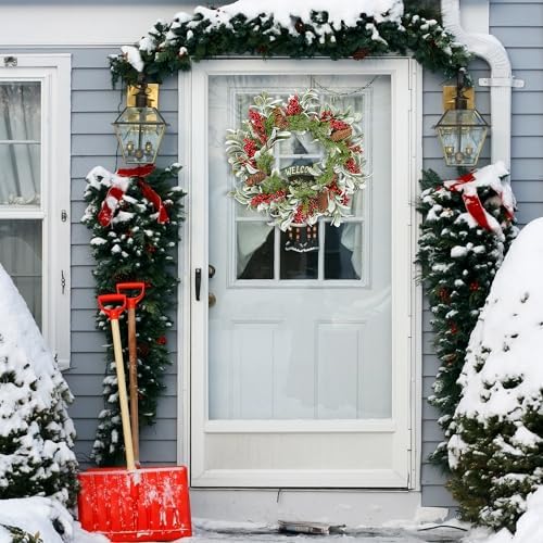 Sggvecsy 19 Inch Artificial Christmas Wreath for Front Door Flocked Lambs Ear Wreath with Red Berries Pine Needles Pinecones Christmas Decorations for Wall Outdoor Home Holiday Xmas Decor - Image 4