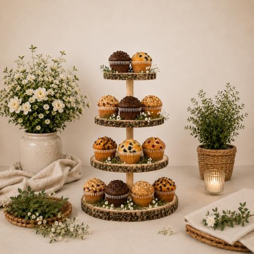 Upper Midland Products Wood Cupcake Stand, 4-Tier Rustic Wooden Dessert Tower with Natural Bark-Edges for Cupcakes, Treats, Weddings, Parties and Table Décor by UpperMidlandProducts