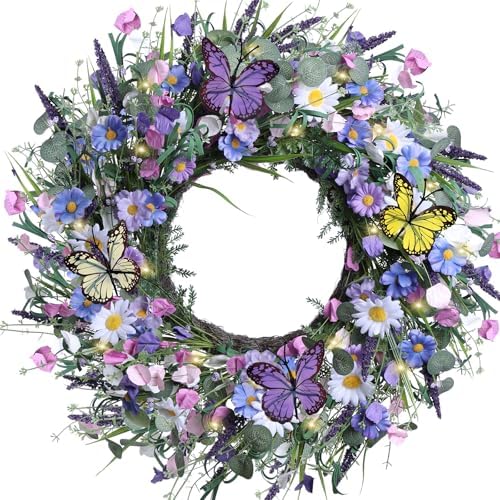 Wildflower Spring Wreaths for Front Door 24 Inch, Blue Summer Door Wreath by Etnorsu