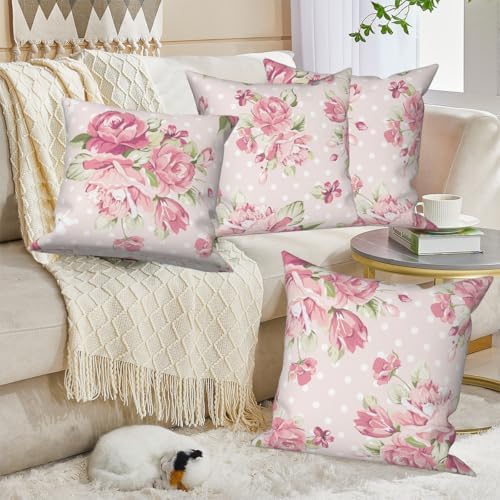 Pink Flower Throw Pillow Covers 24"x24" Set of 4, Romantic Spring Blooming Red Roses Floral Cushion Cases for Couch Chair Sofa Bed Living Room Garden Car Indoor Outdoor Home Decorative - Image 4