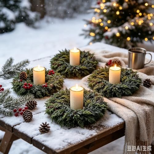 6 Pcs Mini Christmas Candle Ring Wreaths Artificial Pillar Candle Holder Wreath Frosted Cypress Foliage Greenery Wreath for Rustic Farmhouse Xmas Winter Holiday Table Wall Window Decor - Image 7