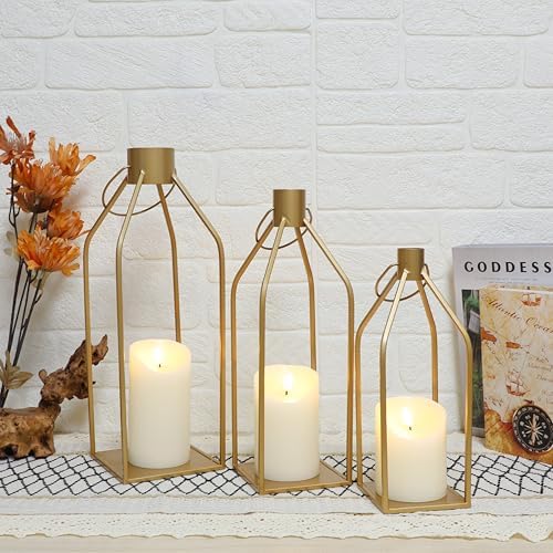 Gold Metal Candle Lanterns Set of 3, Tall Decorative Pillar Candle Holders for Indoor Outdoor Farmhouse Home Decor for Table Centerpiece, Porch, Fireplace, Weddings, Christmas (No Glass, No Candles) - Image 6