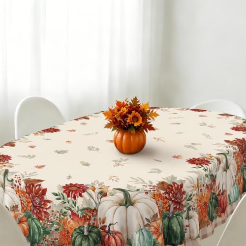Oval Fall Tablecloth 60x102 Inch, Thanksgiving Autumn Harves Pumpkin Flower Table Cloth, Waterproof Wrinkle Resistant Table Cover for Fall Decorations Decor - Image 3