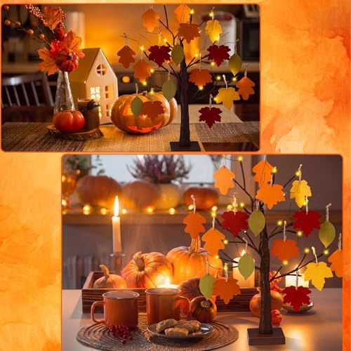 Briwooody 24'' Lighted Thanksgiving Gratitude Tree Kit, Brown Thanful Tree with 60 Leaves, Hemp Ropes & Pens, DIY Fall Decoration for Autumn Table Centerpiece Thanksgiving Gift (Battery Not Included) - Image 6