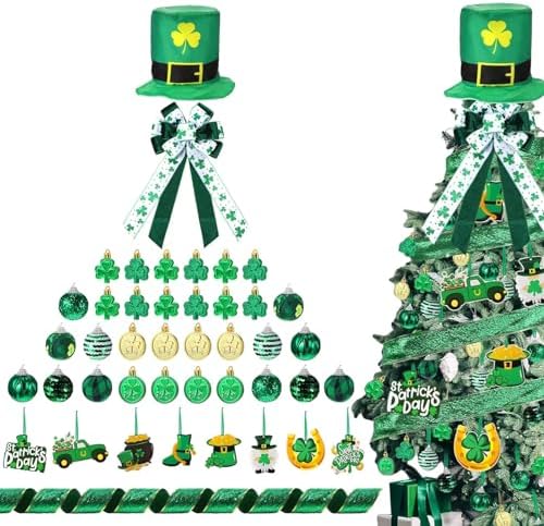 Halfchet St. Patricks Day Tree Ornaments Decorations St Patrick's Day Tree Topper Hat Bow Ribbon Shamrock Coins Hanging Ornaments for Irish Party by JaaMiin