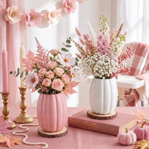 Rtteri 6 Set 5.12" Ceramic Pumpkin Vase with Wood Slices Glazed Fall Flower Pots for Autumn Home Decor Smooth Pottery Planter Pack for Thanksgiving Tabletop Decoration Housewarming Gifts(Pink, White) - Image 4