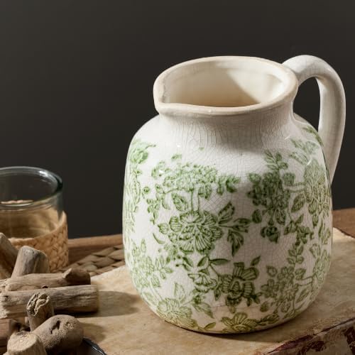 Ceramic Vintage Flower Vase, Utensil Holder, Green and White Decorative Vase Chinoiserie Decor Rustic Farmhouse Retro Floral Vases for Table Bookshelf Mantel Kitchen Living Room - 6.7” Green 016 by ooit