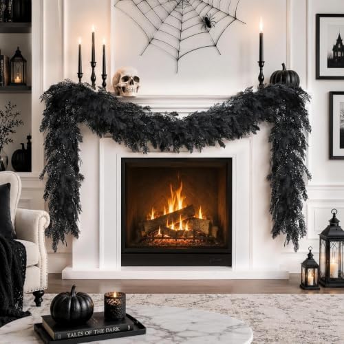 Halloween Garland 8.9FT Decorations Black Real Touch Cedar Cypress Pine Plant Artificial Halloween Garland for Mantle, Fireplace, Table, Stairs, Door, Porch, Indoor Outdoor Decorations, Black by WelcometoAttgreatWeHaveAlwaysFirmlyBelievedEndlessBloomsEndlessCreativity