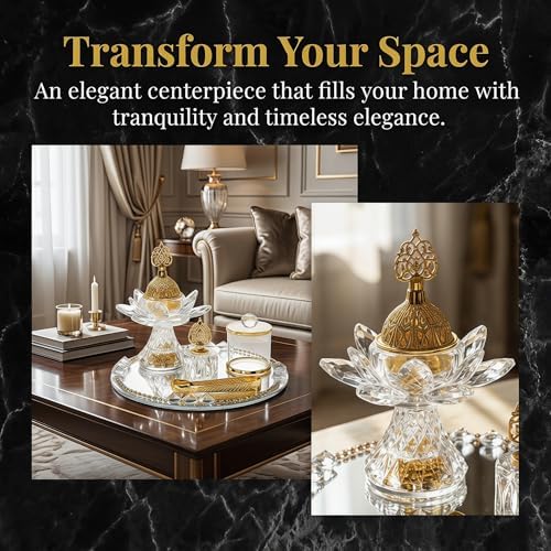 Generic Glass Incense Burner 5-Pieces Set Ramadan Decoration with Tray Storage Jar and Tongs Censer Arabian Incense Holder,Attractive Gold Incense Burner Set for Yoga SPA Desk Decor - Image 4
