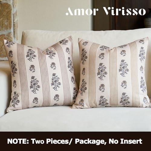 Amor Virisso Floral Throw Pillow Covers 24x24 Set of 2 Block Print Pillow Covers Neutral Floral Striped Farmhouse Decorative Pillow Covers for Sofa Couch Bed, Brown - Image 6