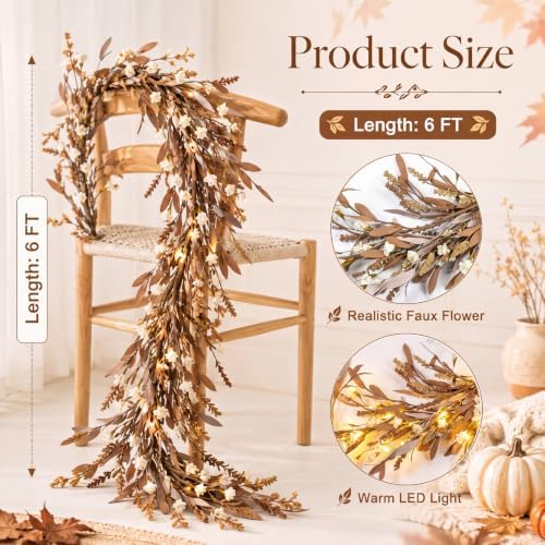 6 ft Fall Garland for Mantel, Pre-lit Autumn Garland with Lights - Image 3
