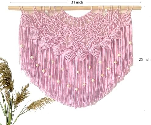 Youngeast Large Macrame Wall Hanging Boho Beaded Curtain for Window Macrame Bedroom Headboard Living Room Wall Art Tassel Tapestry Bohemian Woven Wall Decor 31" W X 25" H (Pink) - Image 3