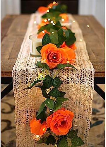 FiveSeasonStuff Warm Orange Artificial Rose Garlands, Four Separate Faux Flower Vines with Greenery - Image 3