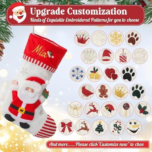 Personalized Christmas Stockings with Embroidered Name & Monogram,Custom 3D Xmas Character Stocking 5 Pack 18” Large,Santa,Snowman & Reindeer Fireplace Hanging Red Burlap Plaid Stockings(A) - Image 5