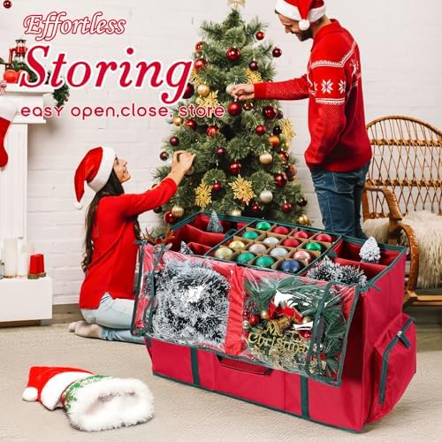 2-In-1 Christmas Decoration Ornament Organizer Box， Movable Pallet Santas Bags Ornament Storage Containers, Holds 73 Holiday Ornaments, Adjustable Space For Figurines And Pockets For Decoration - Image 6