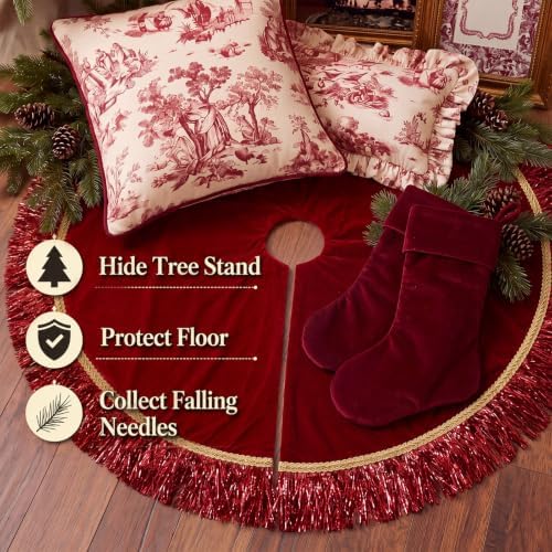 Velvet Christmas Tree Skirt, 48 Inches, 2-Tier Tassels, Red - Image 3