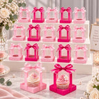 Gerrii 100 Pcs Clear Plastic Individual Cupcake Boxes 3.5" Single Cupcake Containers Transparent Ornament Gift Box with Inserts and Ribbon for Wedding Baby Shower Party Favor(Pink and Hot Pink) by Gerrii