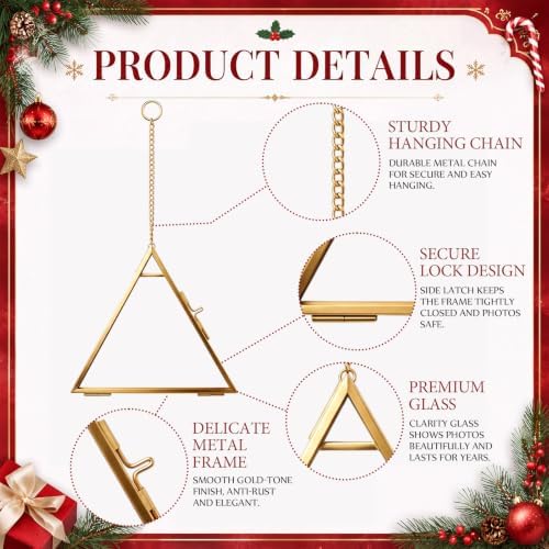 Qunclay 6 Pcs 5" Christmas Brass Picture Frame Ornaments Xmas Metal Double Glass Hanging Photo Frame with Metal Chain for Christmas Tree Decorations(Gold, Triangle) - Image 3