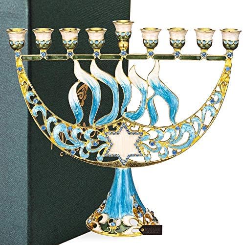 Hand Painted Blue Enamel Menorah Candelabra with a Star of David and by MATASHI